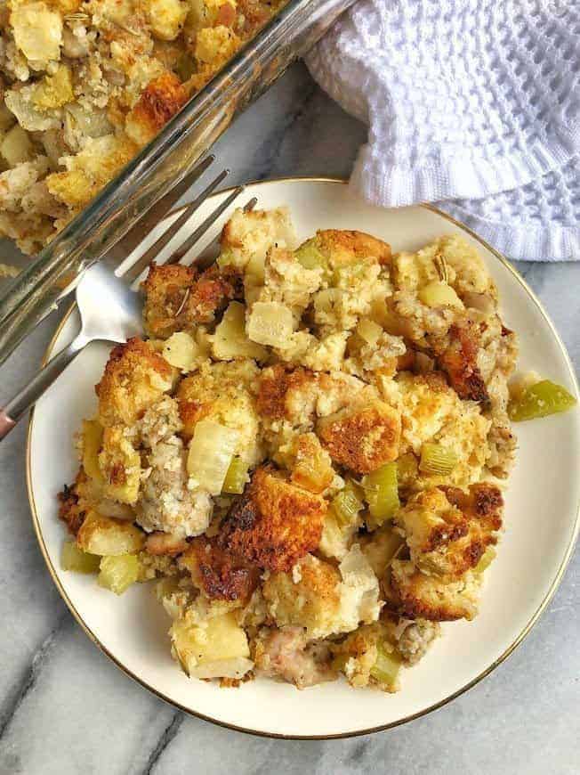plate of healthy apple sausage stuffing