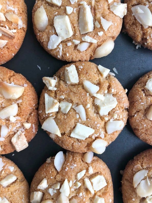 healthy white chocolate macadamia nut cookies on a tray