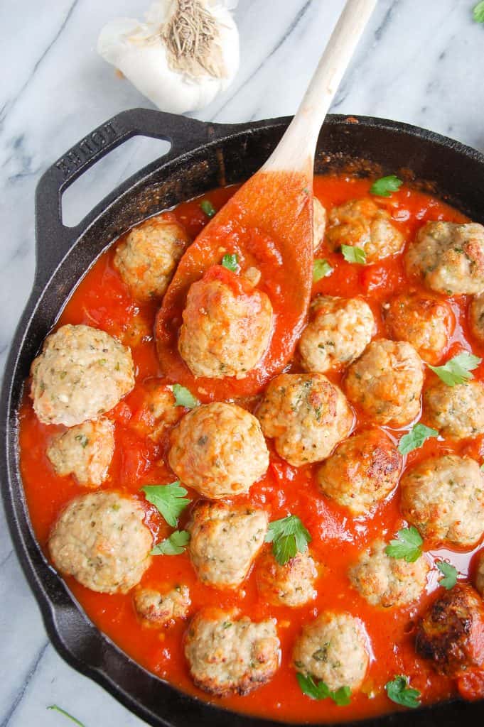 skillet of easy turkey meatballs with spoon