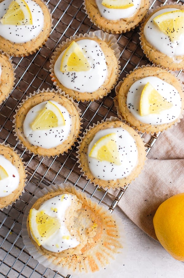 lemon poppy seed muffins on a rack