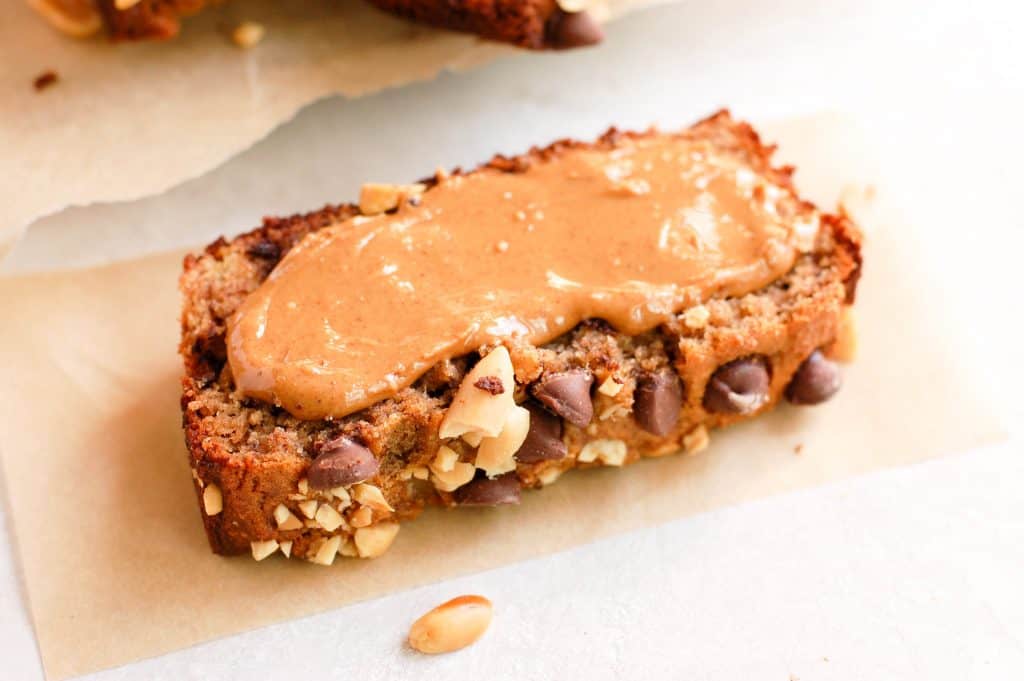 slice of banana bread with peanut butter