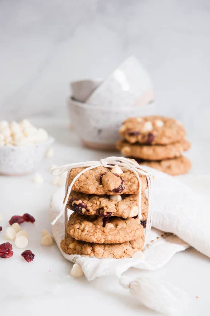stack of white chocolate cranberry cookies