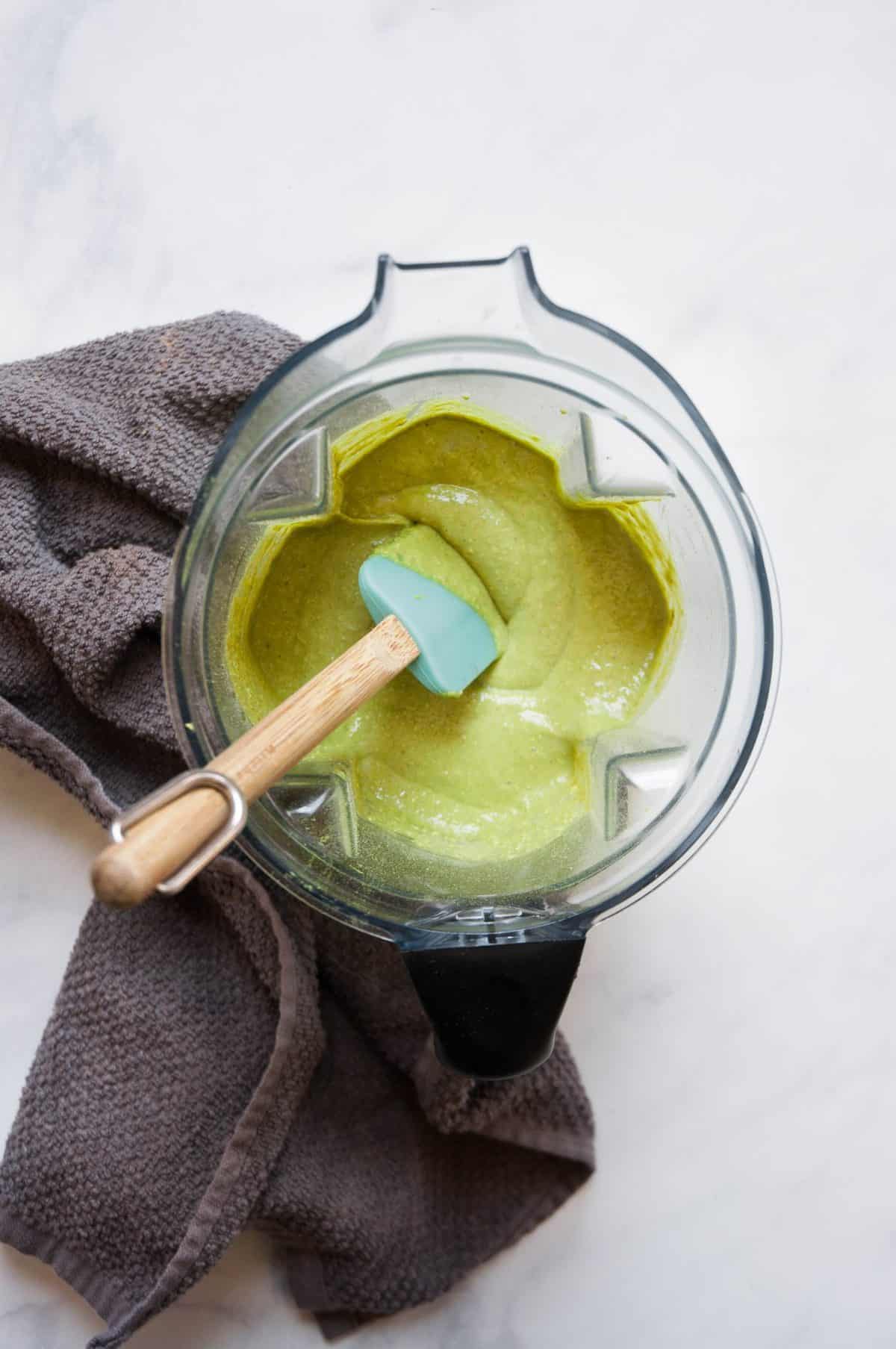 matcha muffin batter in blender
