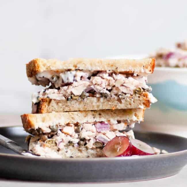 mediterranean tuna salad in a sandwich