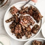 chocolate granola in bowl with milk
