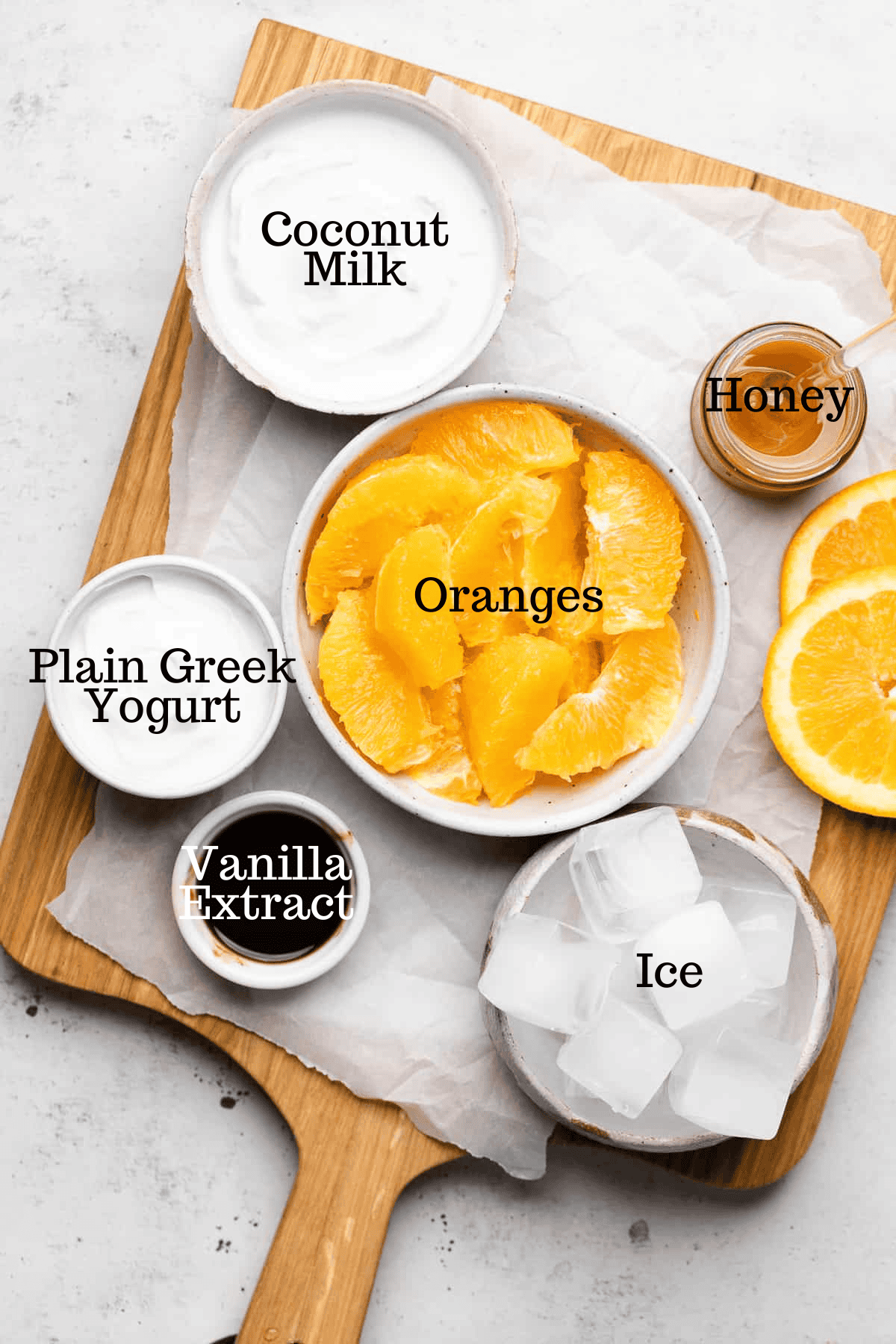 Photo of ingredients for Orange Creamsicle Smoothie with labels.