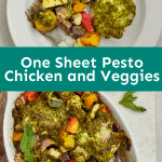 one sheet pesto chicken and veggies on white plates