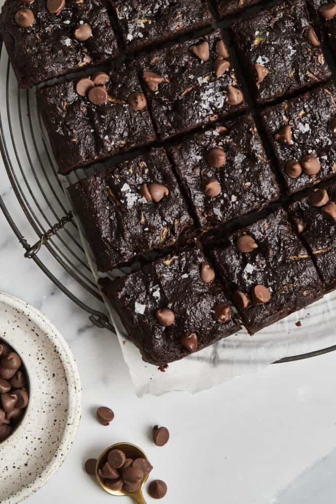 fudgy zucchini brownies with chocolate chips and salt