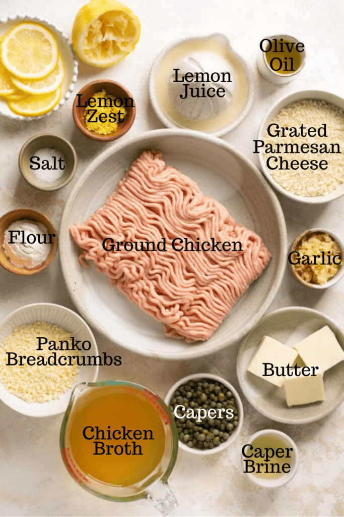 Photo of ingredients for Chicken Piccata Meatballs with labels.