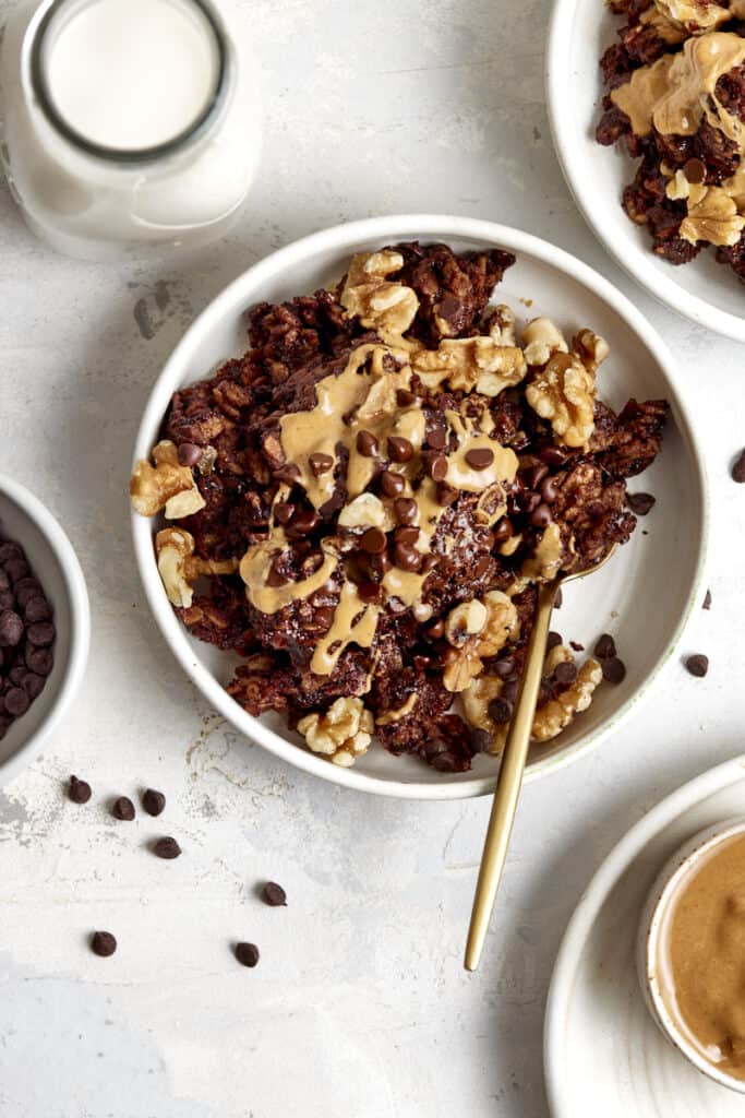chocolate baked oatmeal with peanut butter and nuts