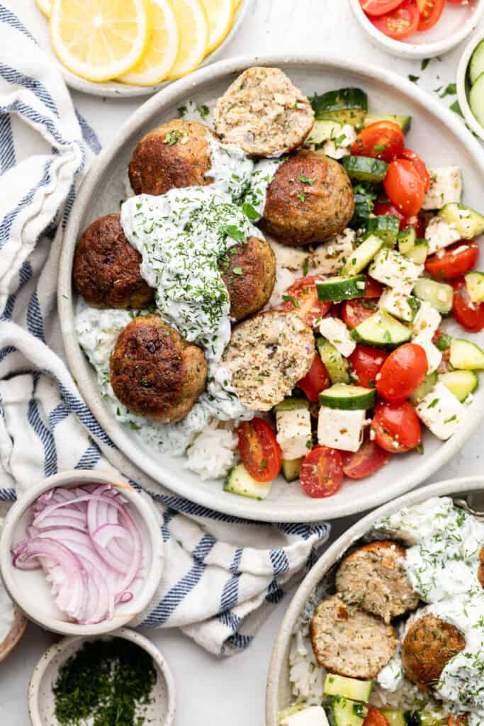 Greek Turkey Meatballs with Tzatziki on plate