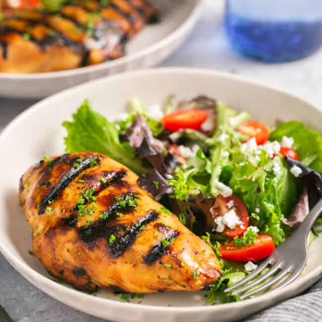 grilled chicken on plate with salad