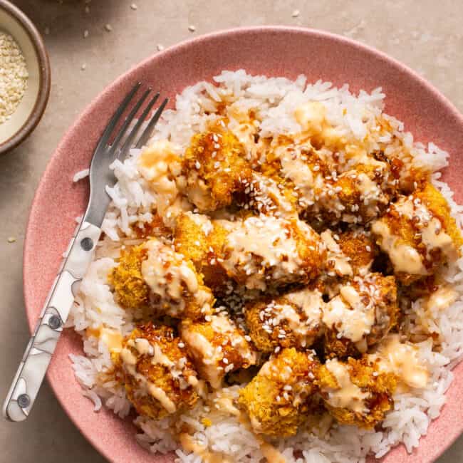 crispy chicken with sauce on rice in bowls