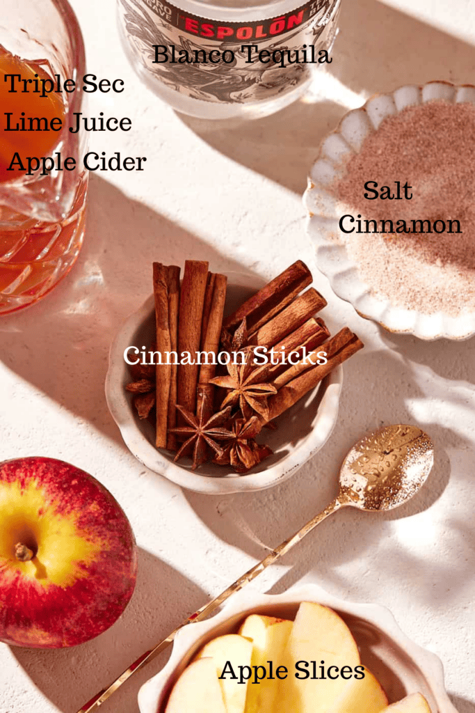 Photo of ingredients for Apple Cider Margarita with labels.