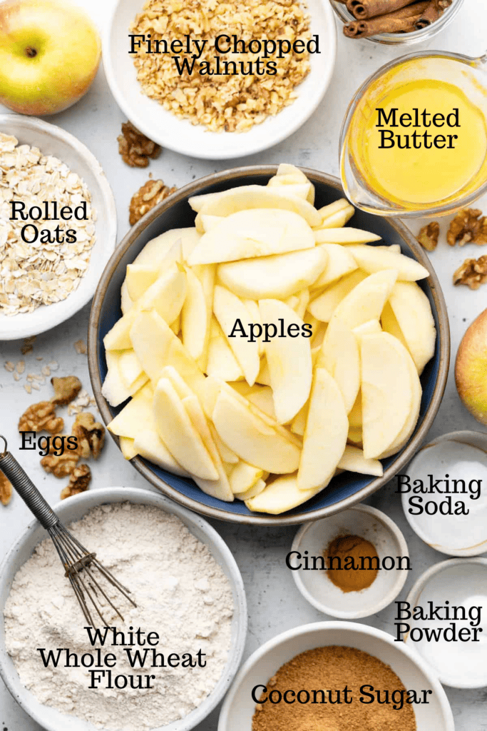 Photo of ingredients for Healthy Apple Crisp with labels.