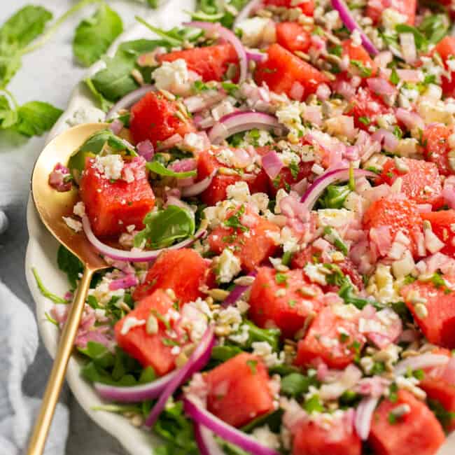 watermelon feta salad on platter