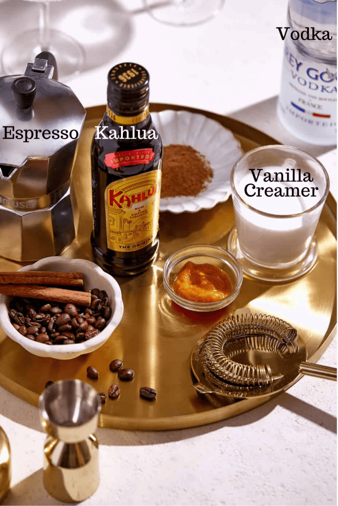 Photo of ingredients for Peppermint Espresso Martini with labels.