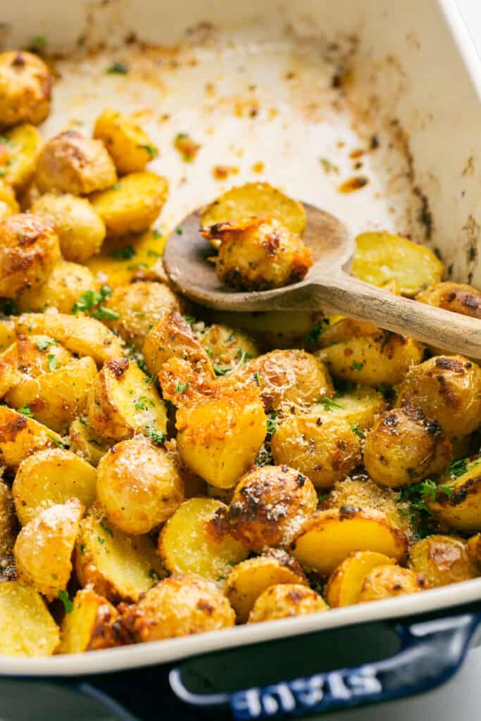 roasted garlic potatoes in dish