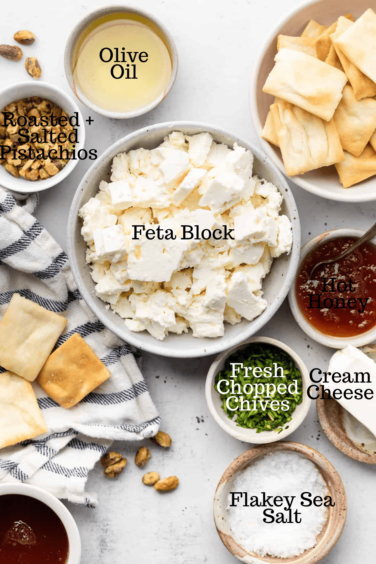 Photo of ingredients for Baked Hot Honey Feta Dip with labels.
