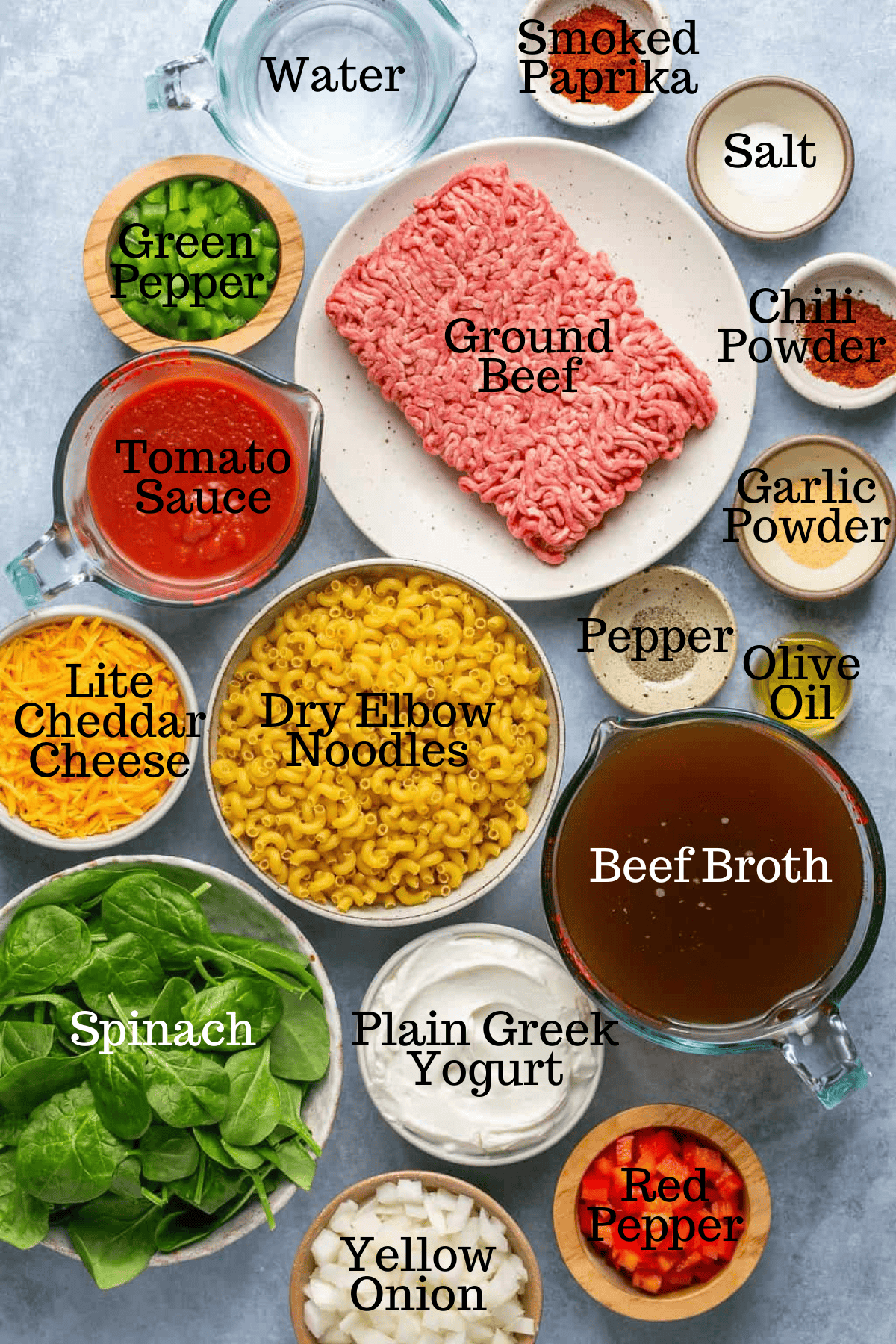 Photo of ingredients for Healthy Hamburger Helper with labels.