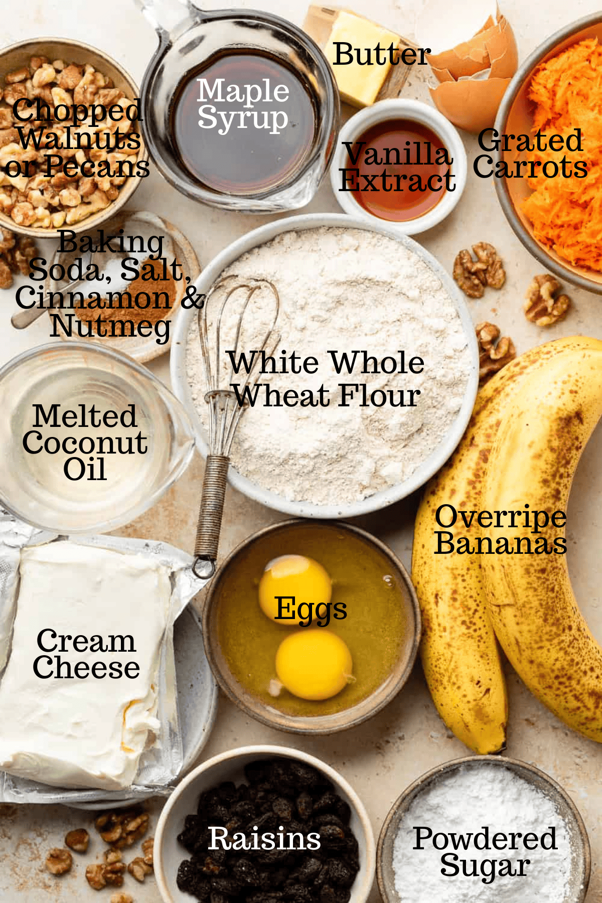 Photo of ingredients for Carrot Cake Banana Bread with labels.