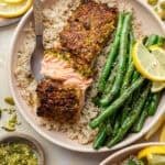 pistachio crusted salmon on plate