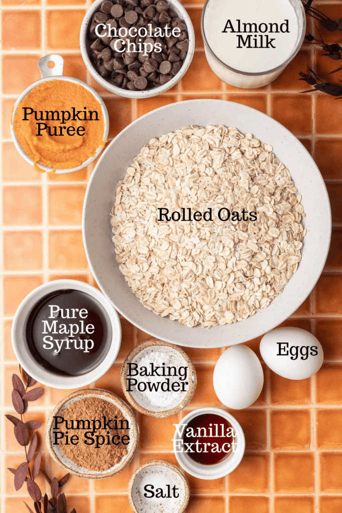 Photo of ingredients for Pumpkin Baked Oatmeal with labels.