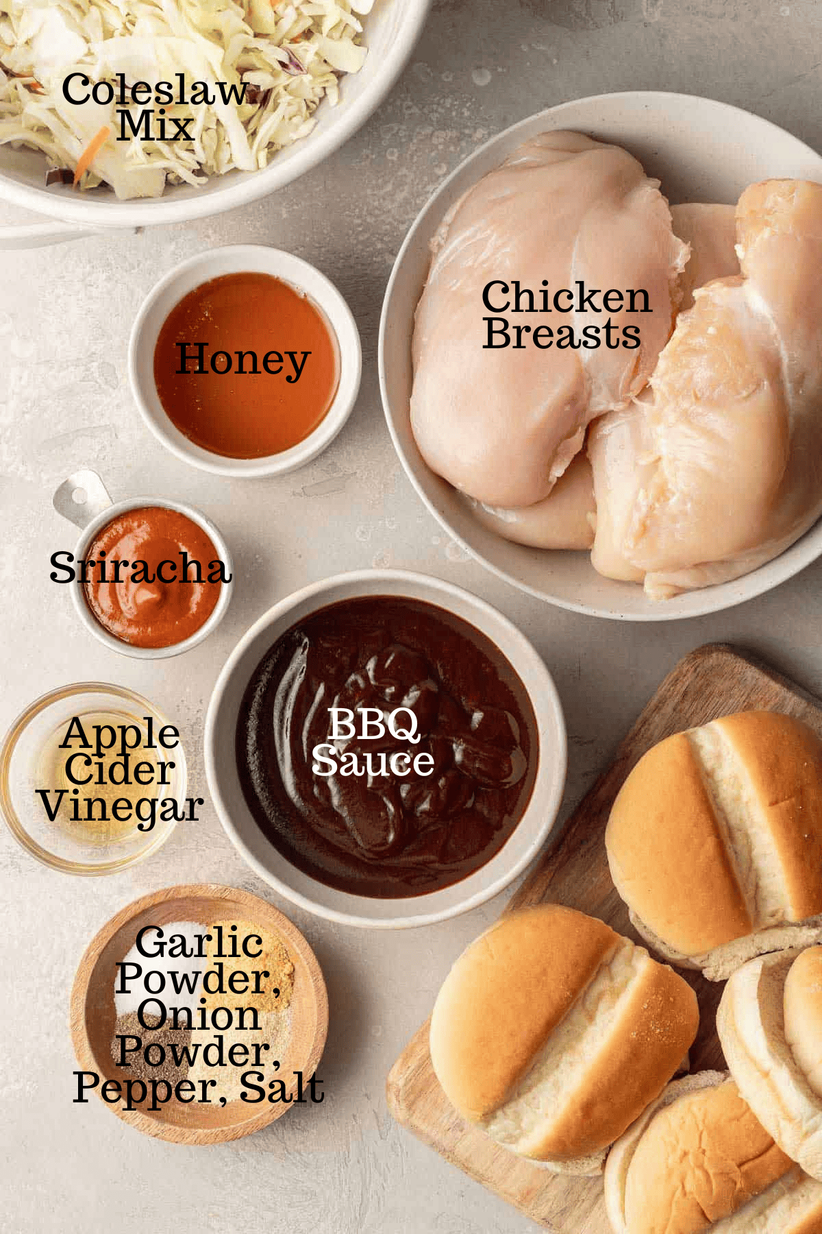 Photo of ingredients for Hot Honey BBQ Slow Cooker Shredded Chicken with labels.