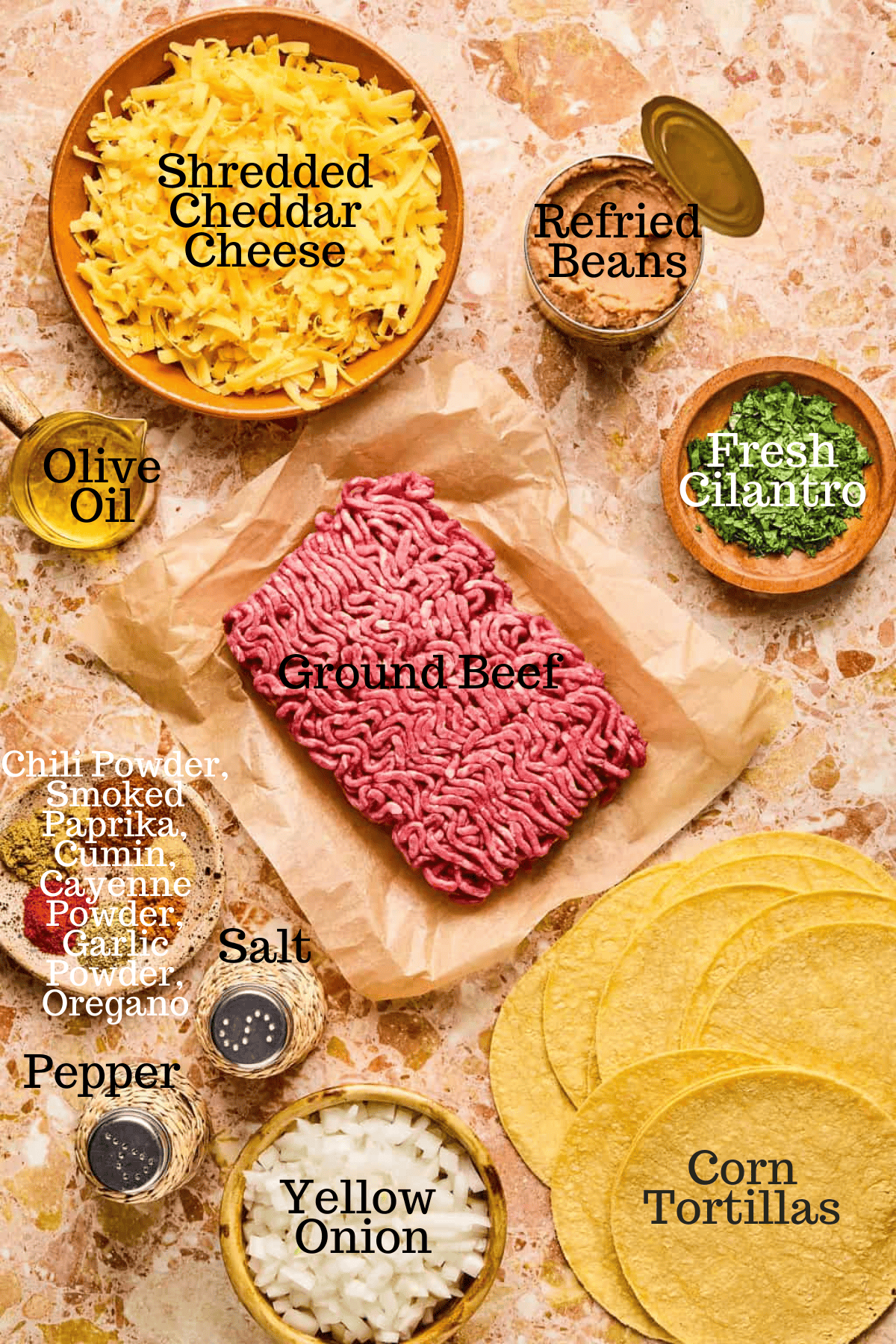 Photo of ingredients for Oven Baked Beef Tacos with labels.