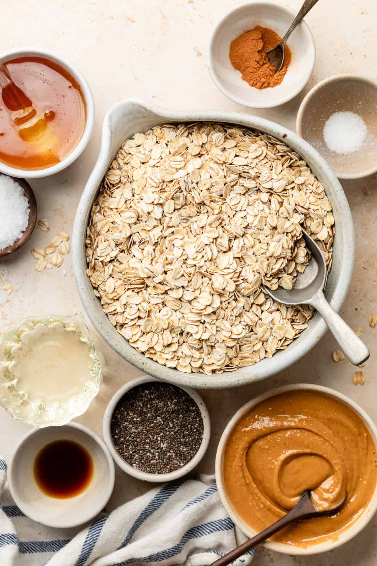 peanut butter granola ingredients in bowls