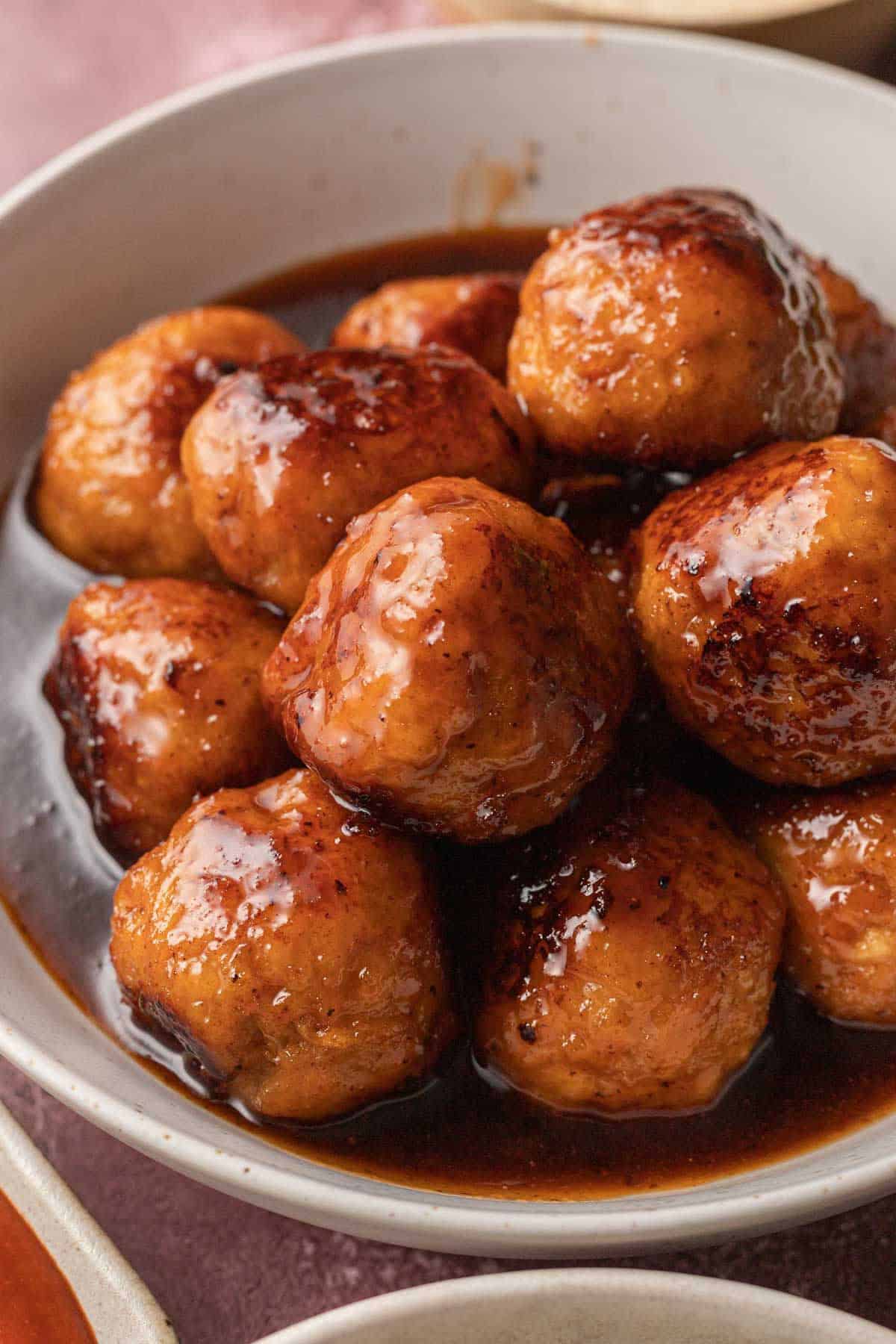 Hot Honey Meatballs in white bowl