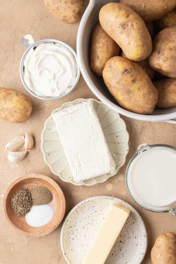 recipe ingredients including potatoes, sour cream, cream cheese, butter, and seasonings