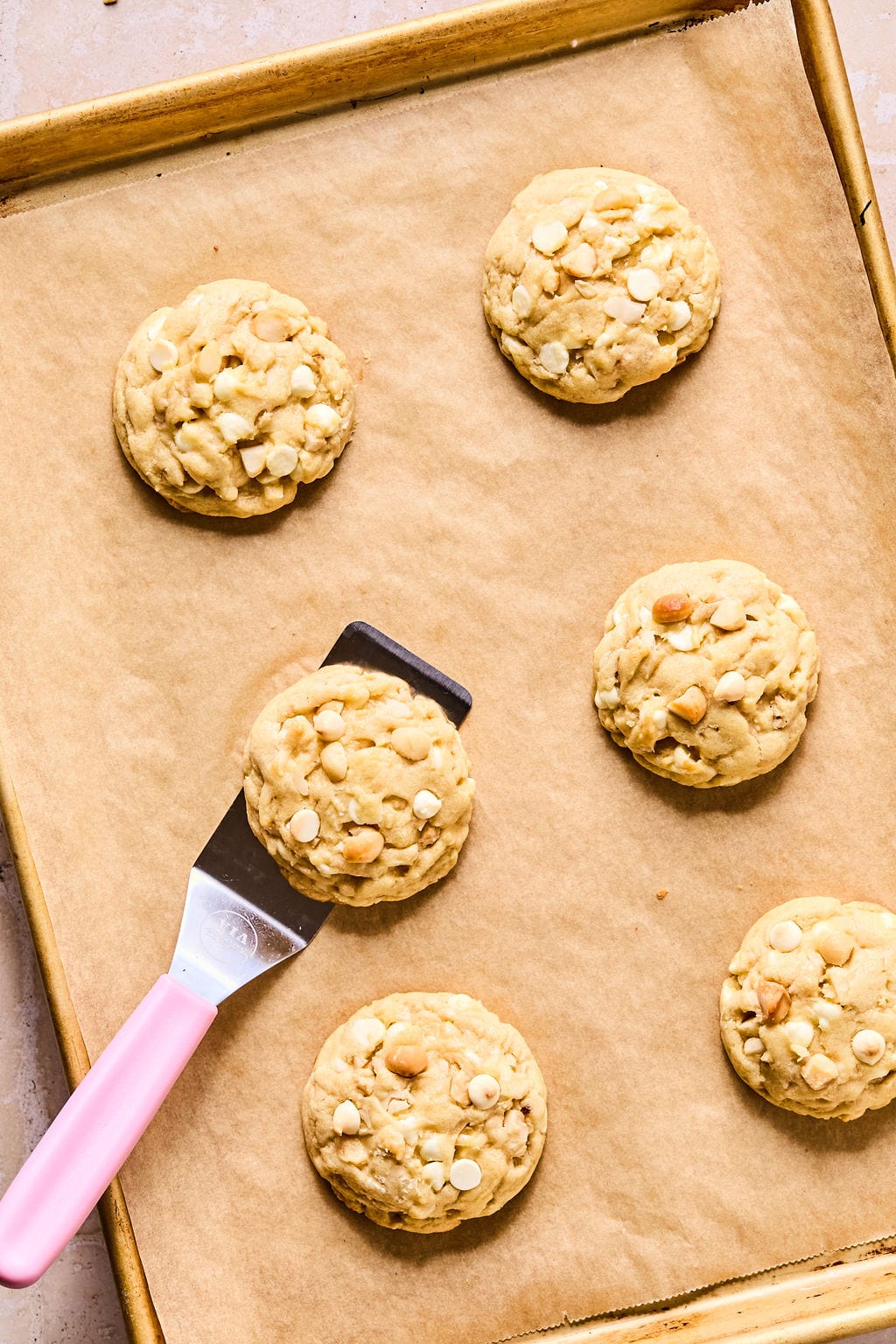 White Chocolate Macadamia Nut Cookies on baking sheet