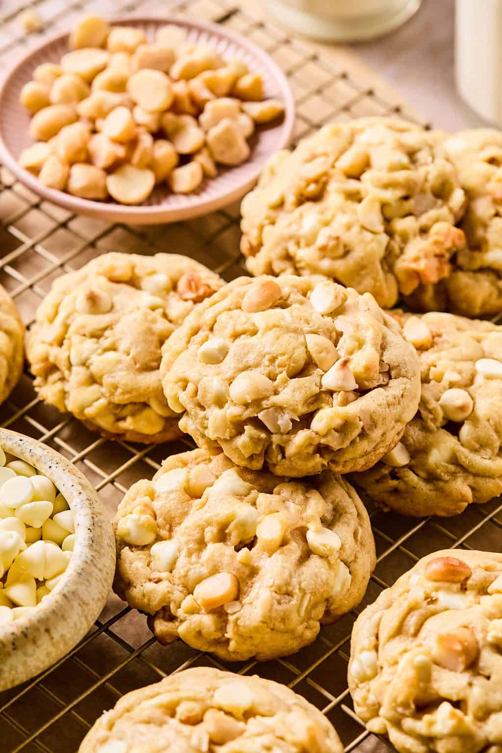 White Chocolate Macadamia Nut Cookies on cooling rack