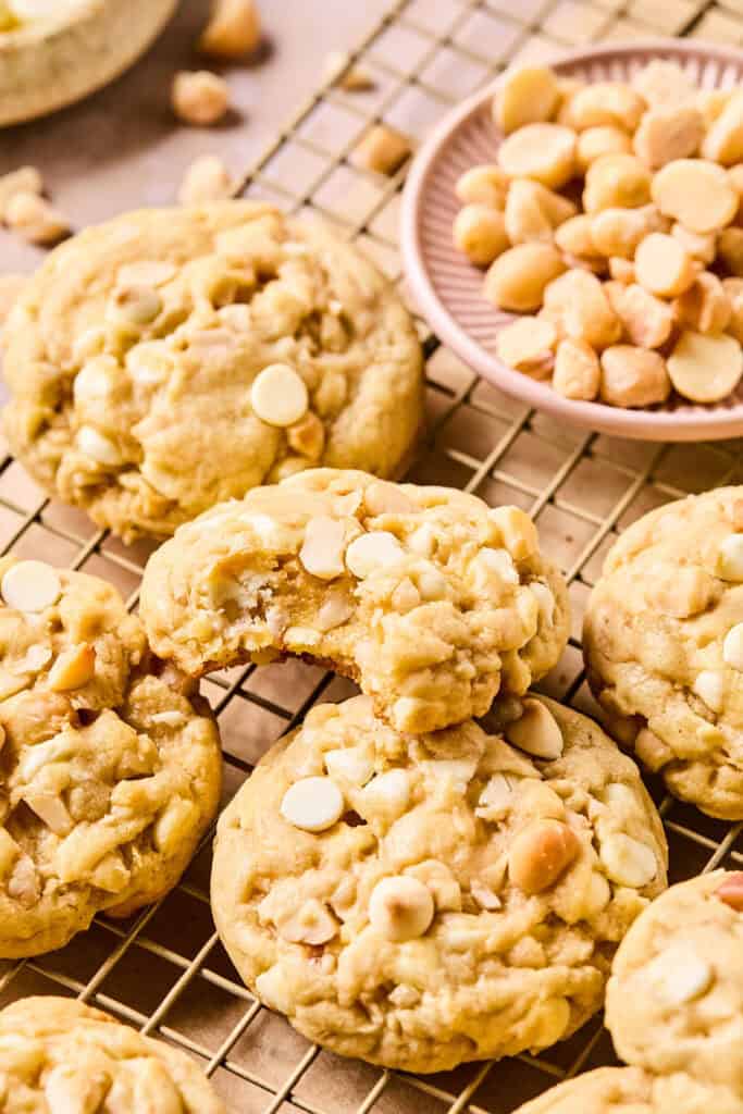 White Chocolate Macadamia Nut Cookies on cooling rack