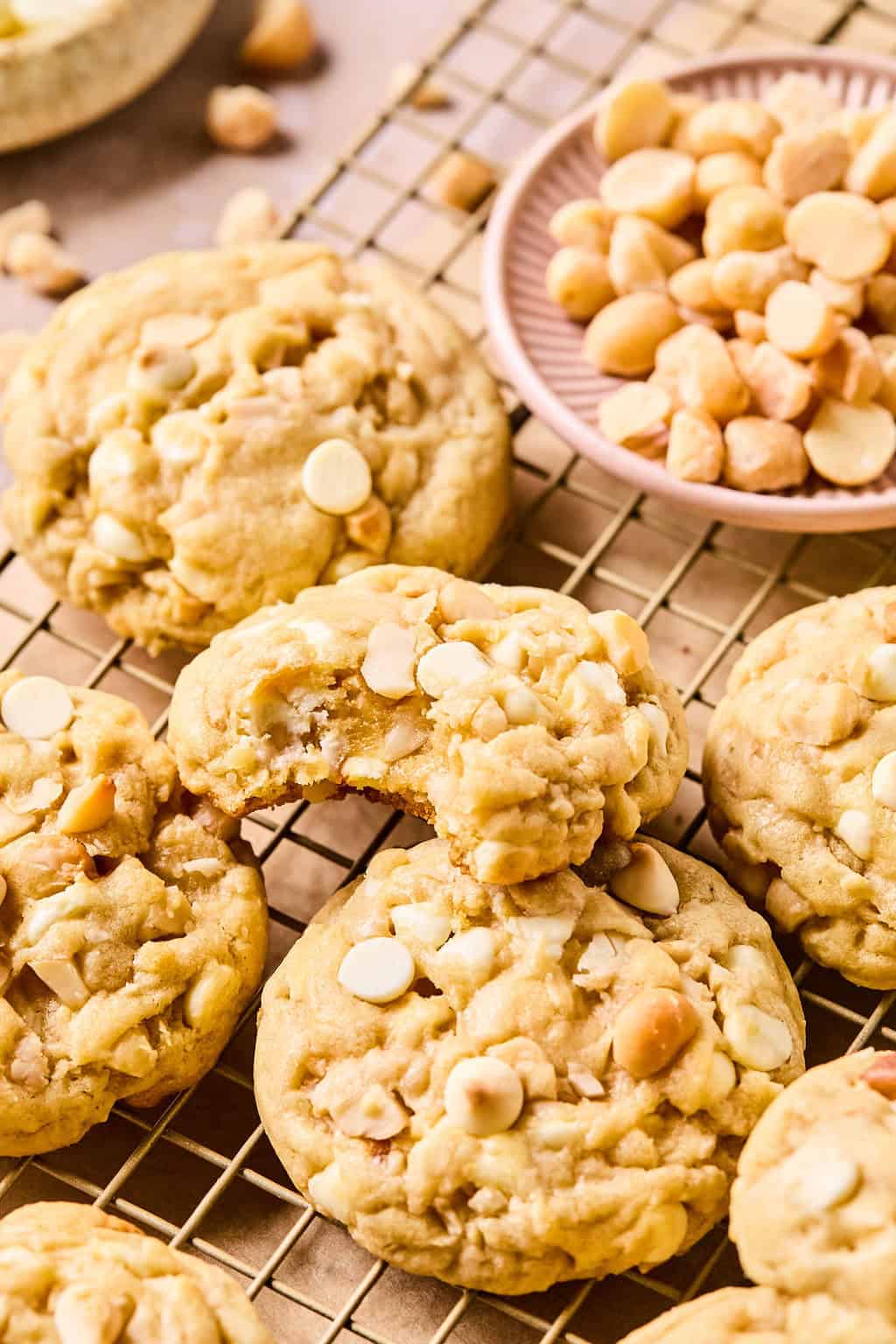 White Chocolate Macadamia Nut Cookies on cooling rack