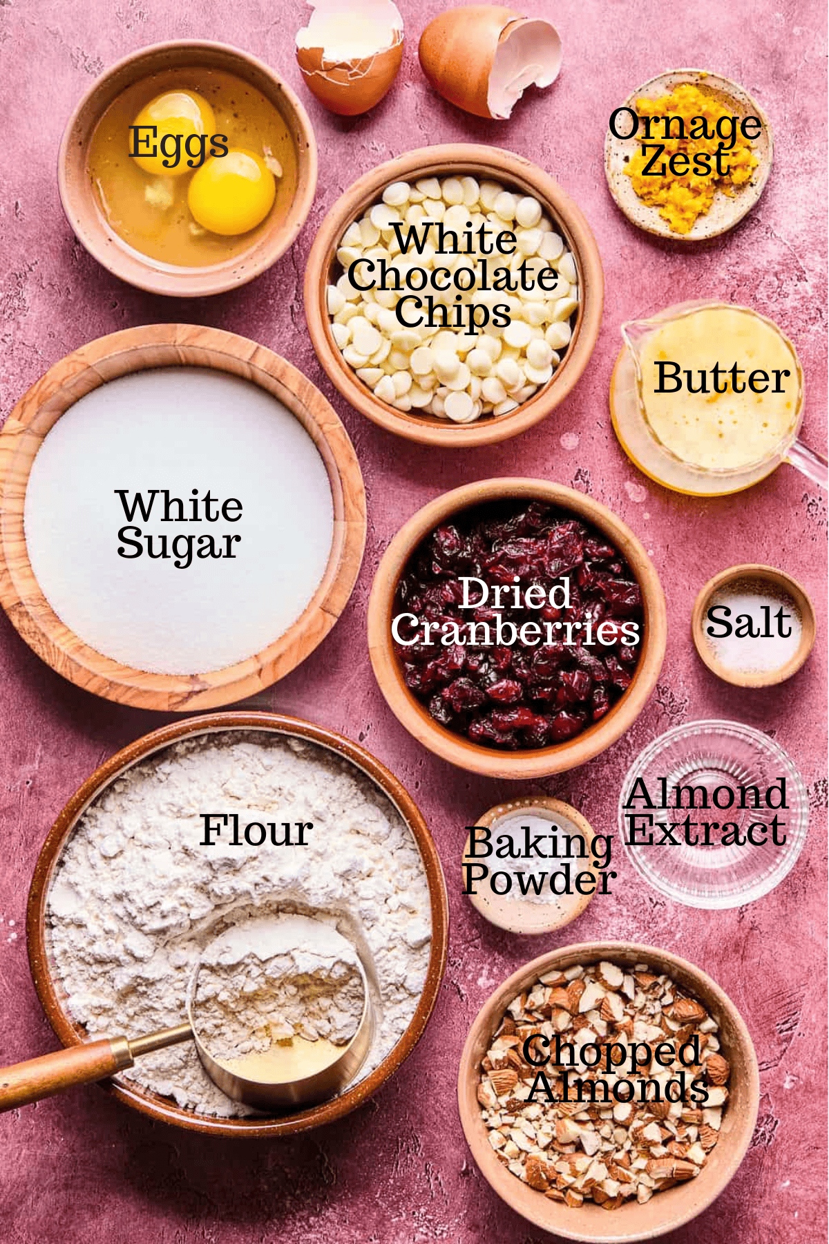 Photo of ingredients for Almond Cranberry Biscotti with labels.