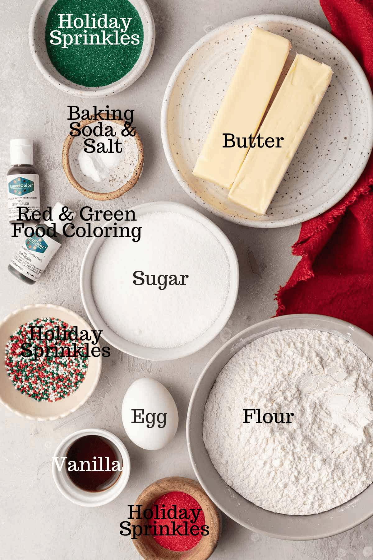 Photo of ingredients for Buttery Spritz Cookie Recipe with labels.