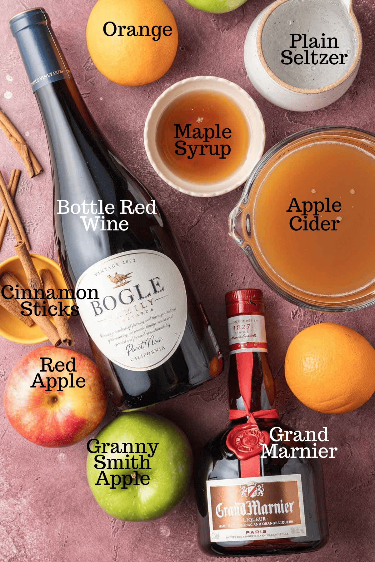 Photo of ingredients for Fall Sangria Recipe with labels.