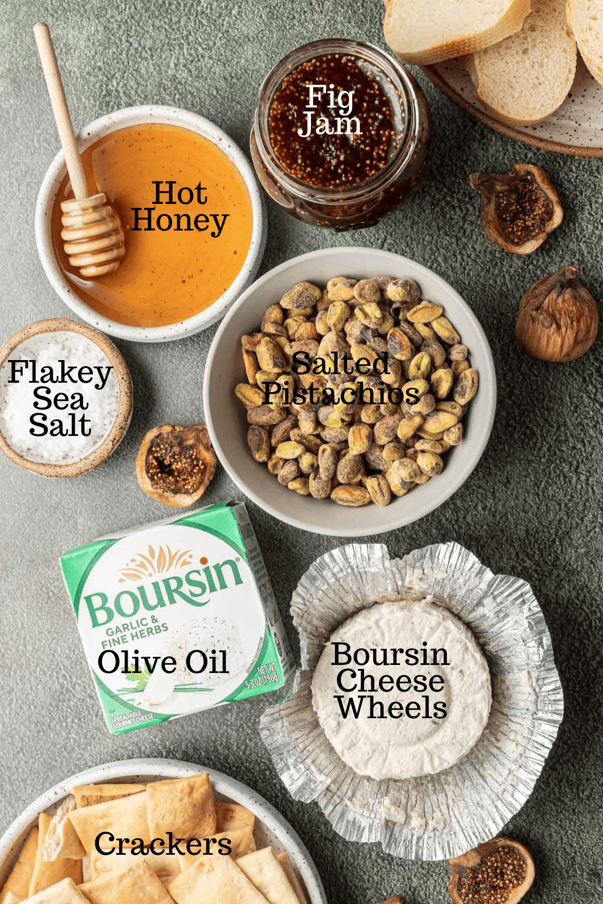 Photo of ingredients for Fig Boursin Dip Recipe with labels.