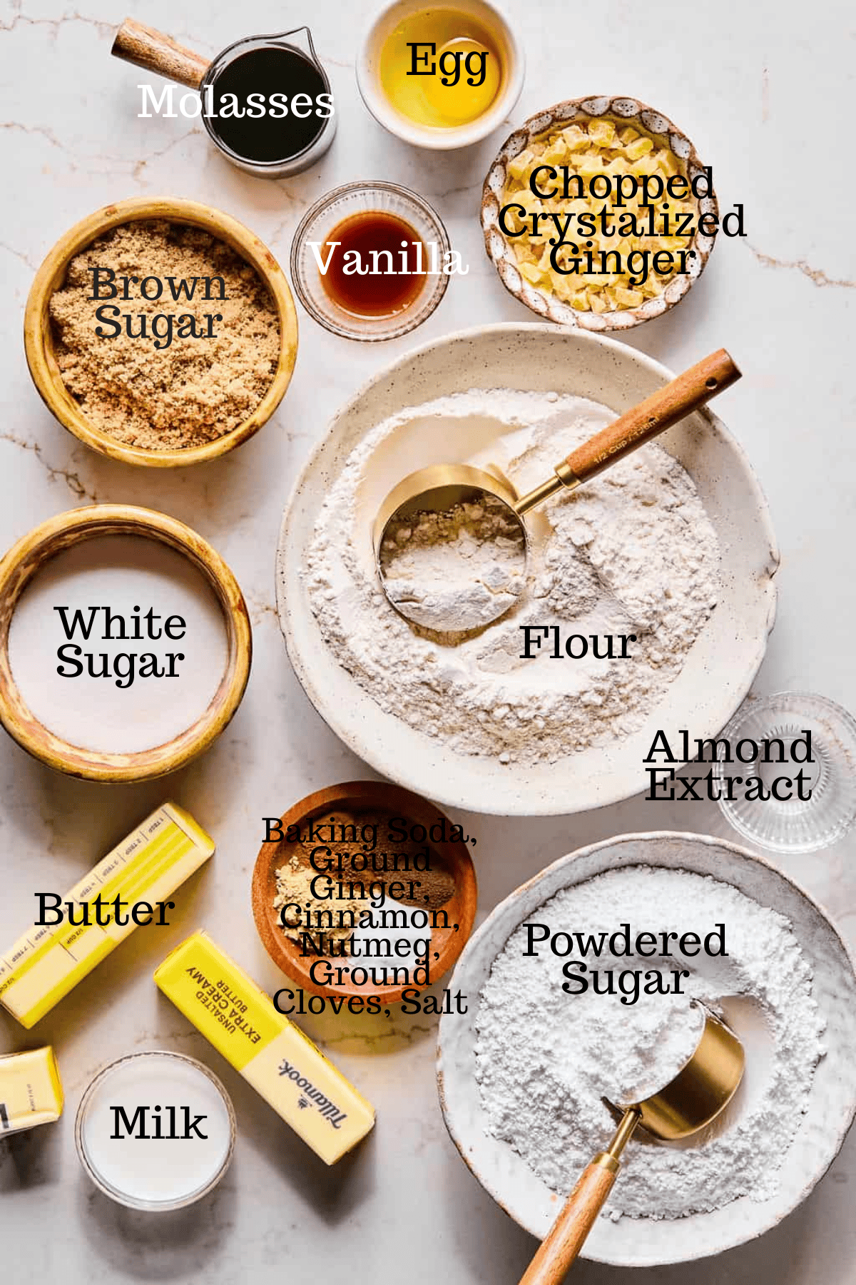 Photo of ingredients for Ginger Cookie Sandwiches with labels.