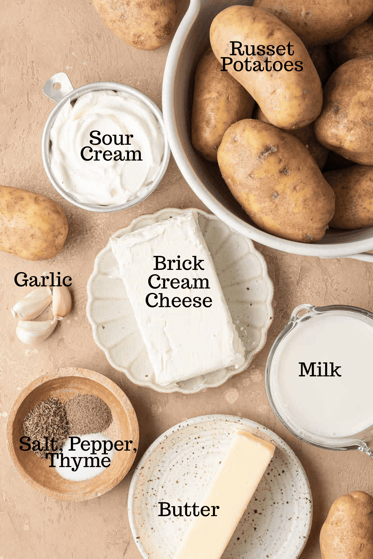 Photo of ingredients for Mashed Potato Casserole with labels.