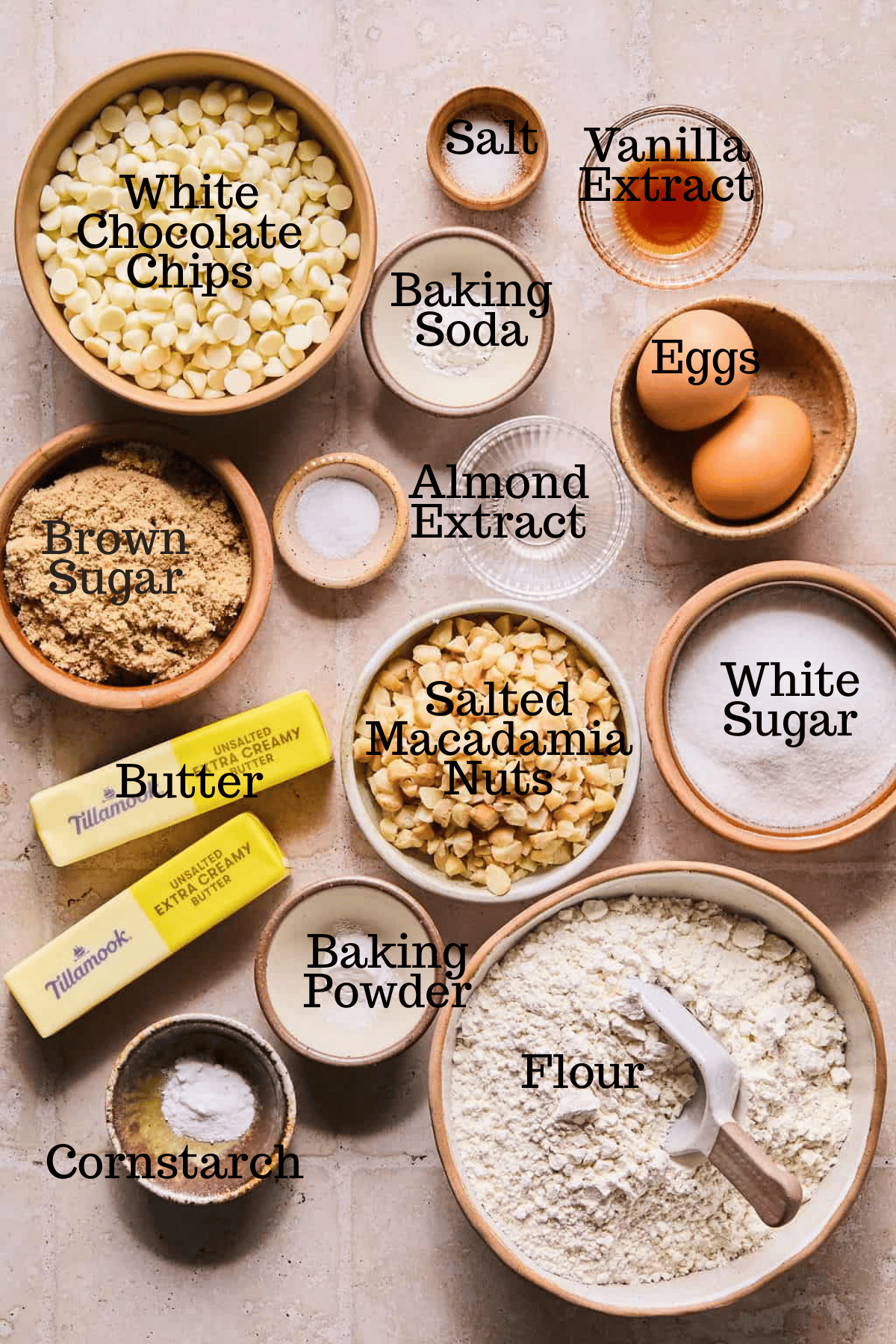 Photo of ingredients for White Chocolate Macadamia Nut Cookies with labels.