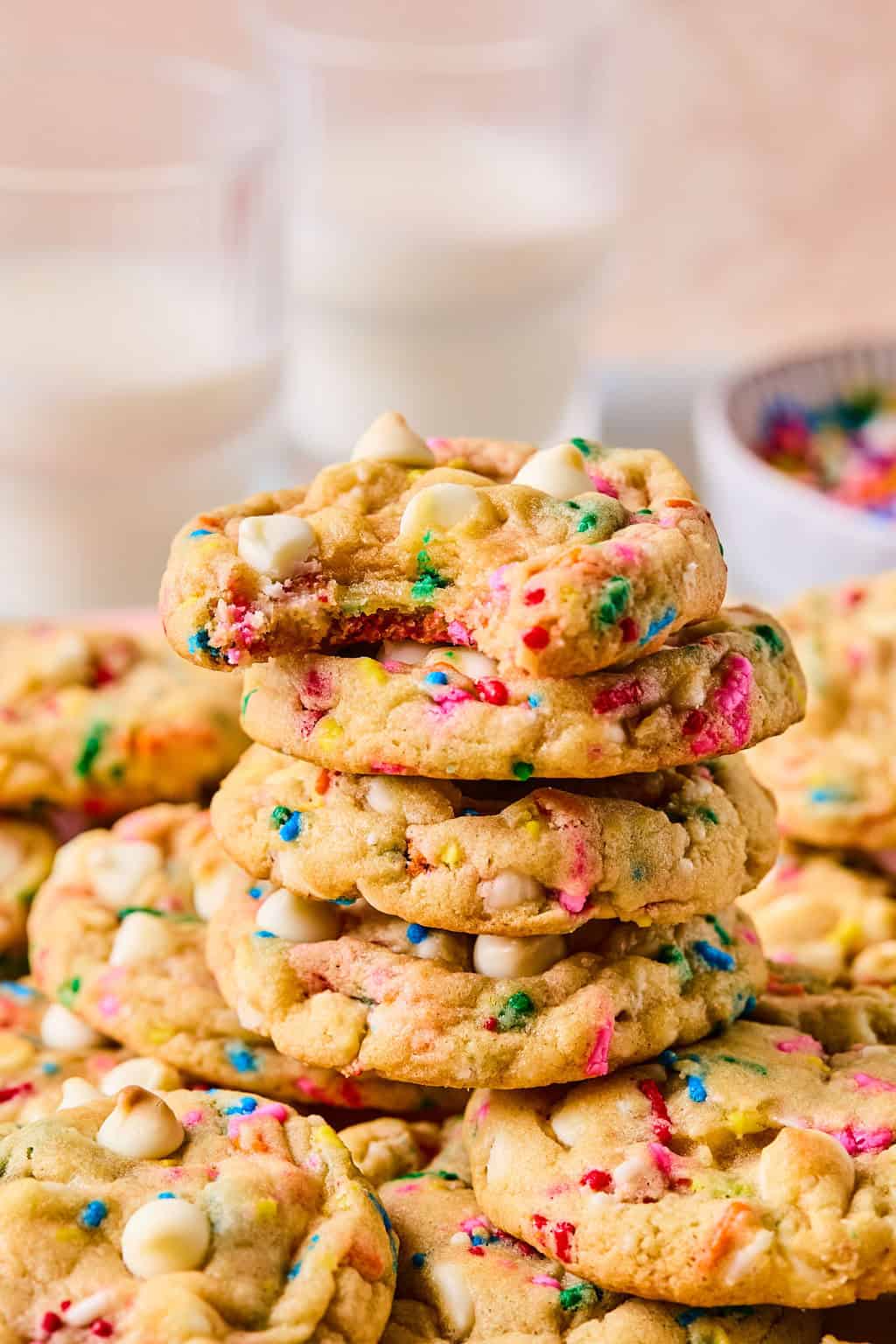Birthday Cake Cookies stacked with bite