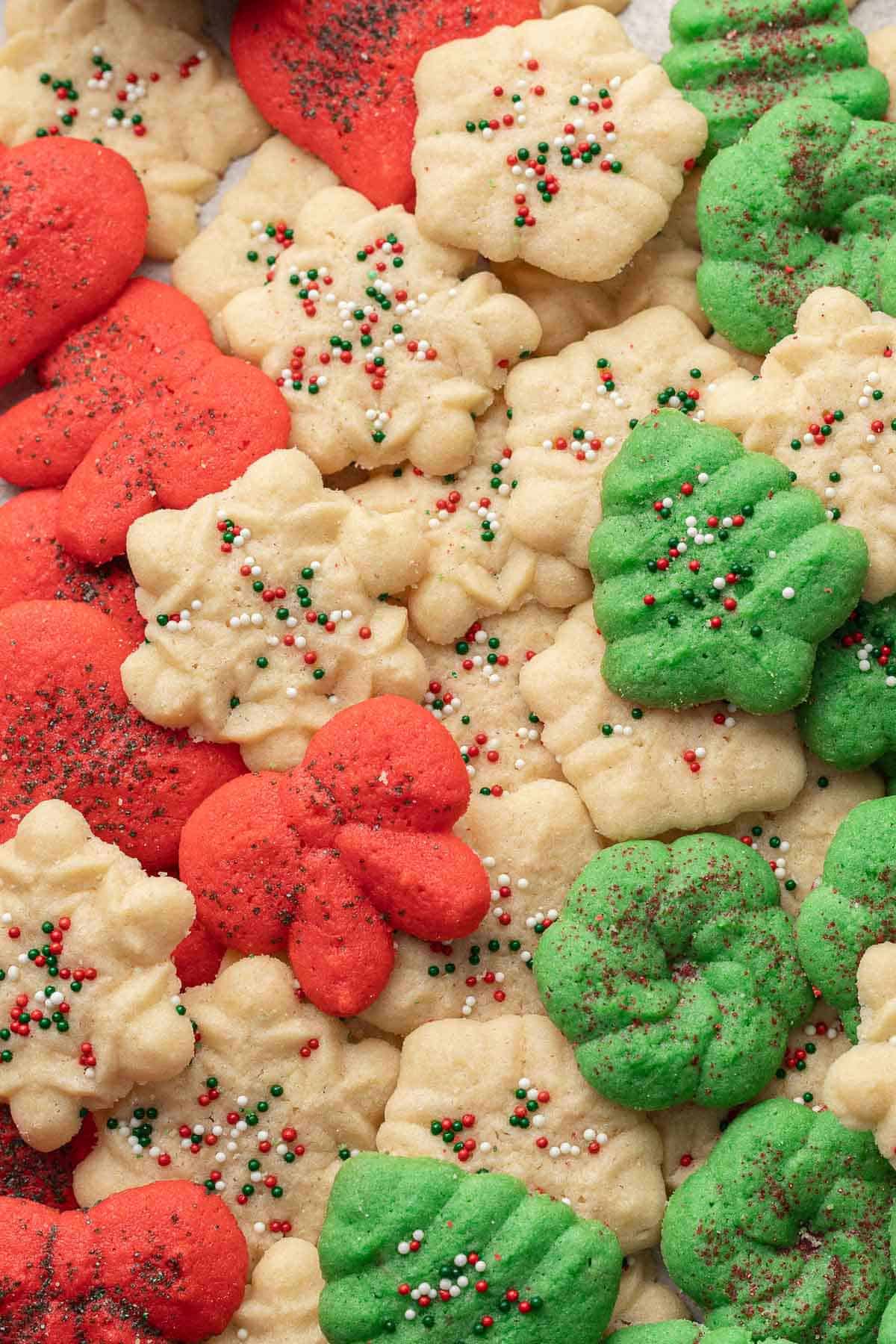 Buttery Spritz Cookies on a tray, red green and white.
