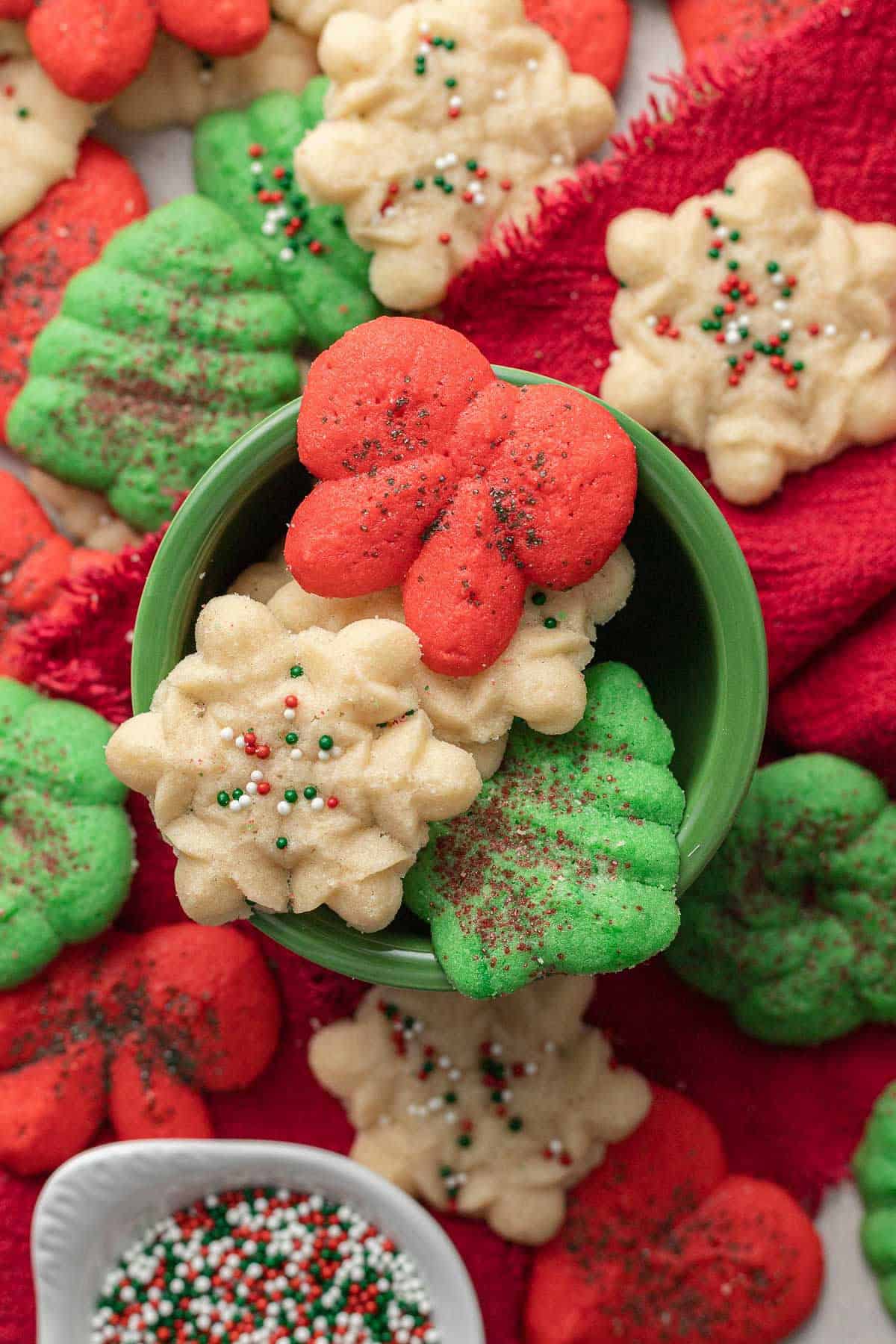 red green and white Buttery Spritz Cookies.