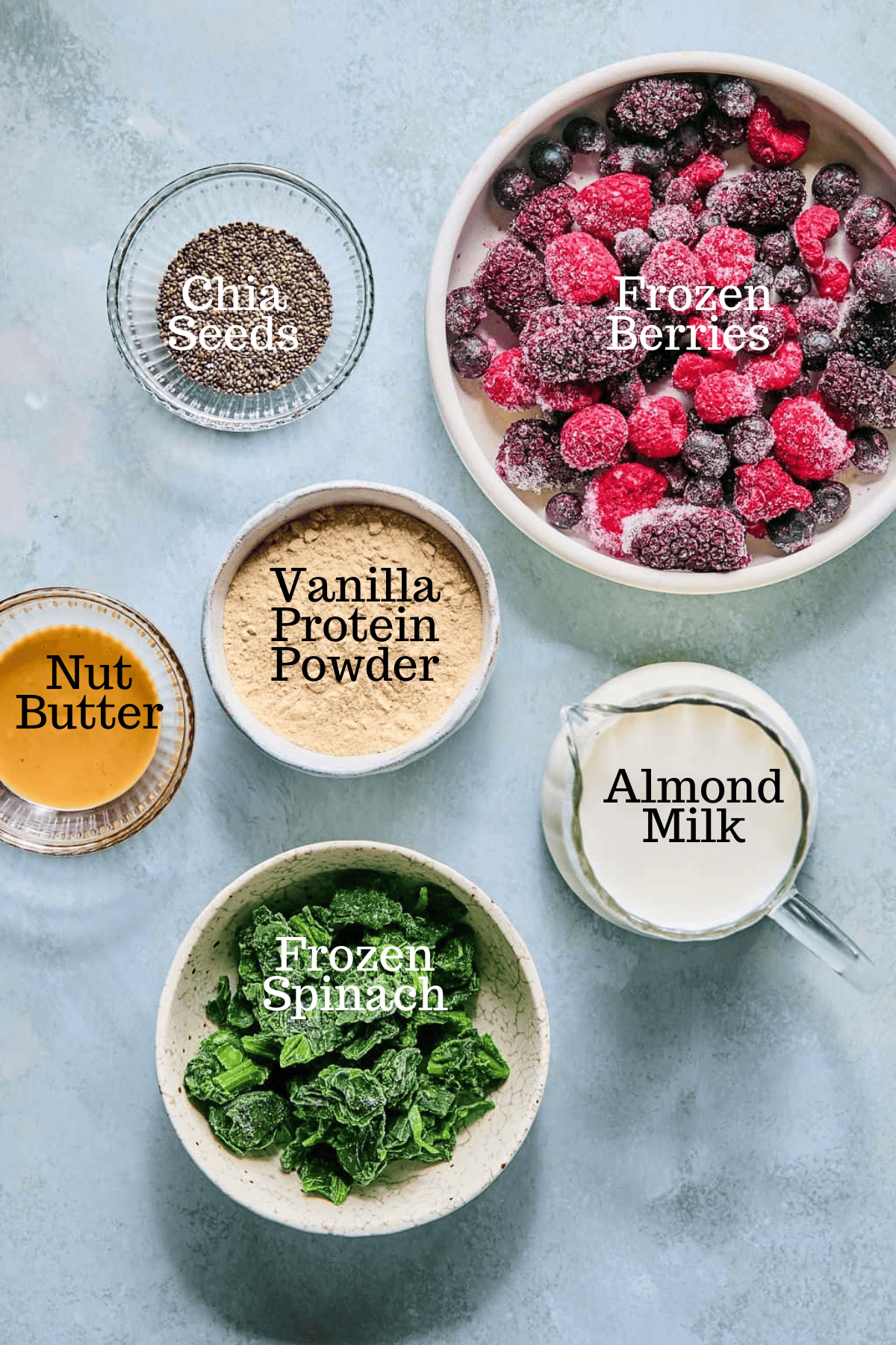 Photo of ingredients for Berry Protein Smoothie with labels.