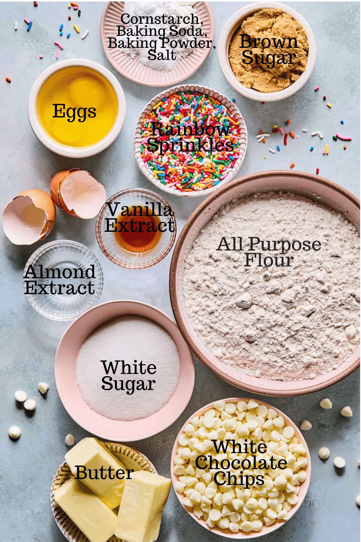 Photo of ingredients for Birthday Cake Cookies with labels.