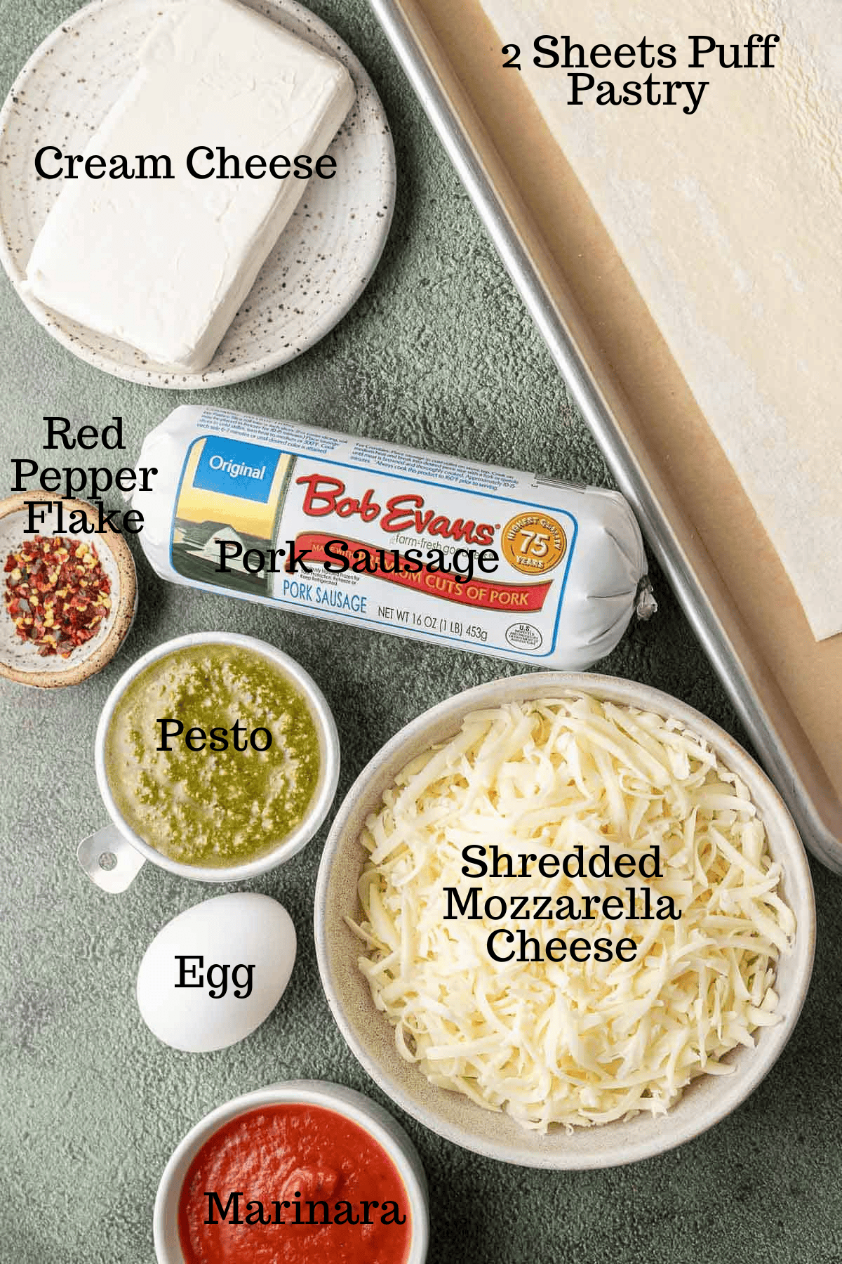 Photo of ingredients for Sausage Puff Pastry Twists with labels.