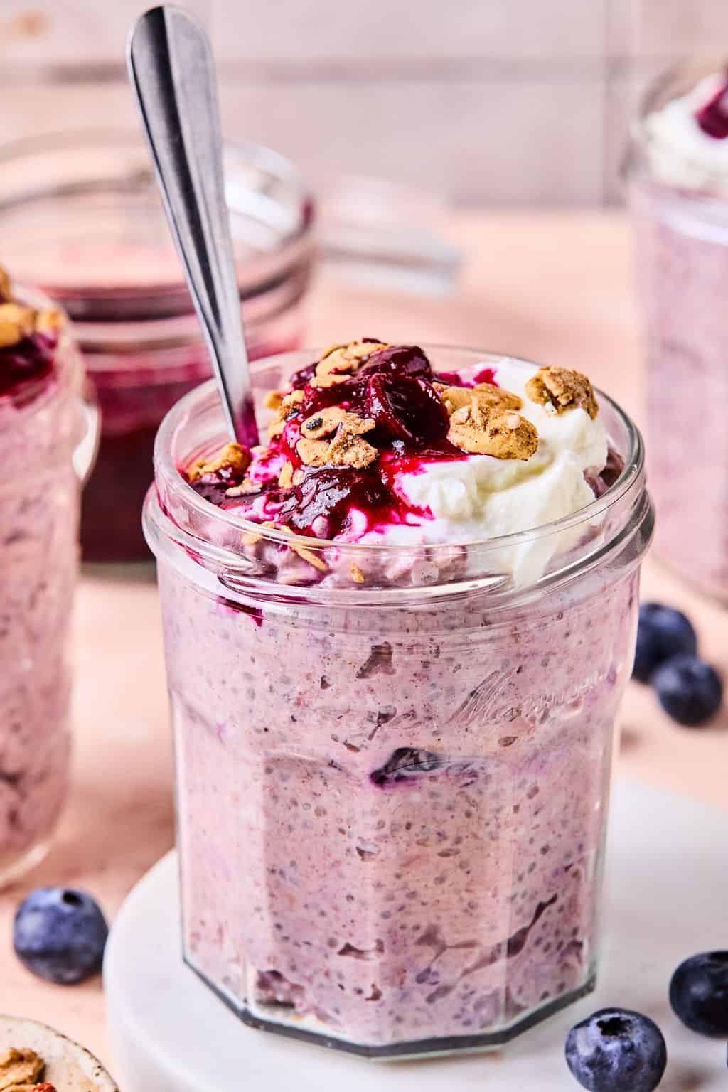 Blueberry Muffin Protein Overnight Oats in jar